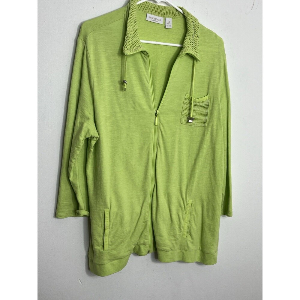 Chico's Weekends Women's Size 3 XL Green Waffle Knit Jacket Zip Front (09)